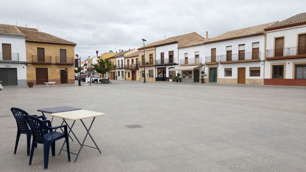 Imagen ilustrativa: plaza empedrada de un municipio español con mesas plegadas y sillas apiladas antes de montar un mercadillo