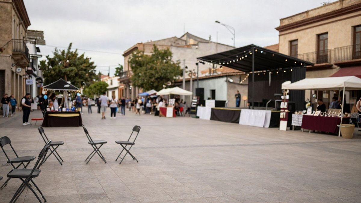 Imagen ilustrativa: plaza de un centro cívico con sillas plegadas y un pequeño escenario preparado para una fiesta de barrio