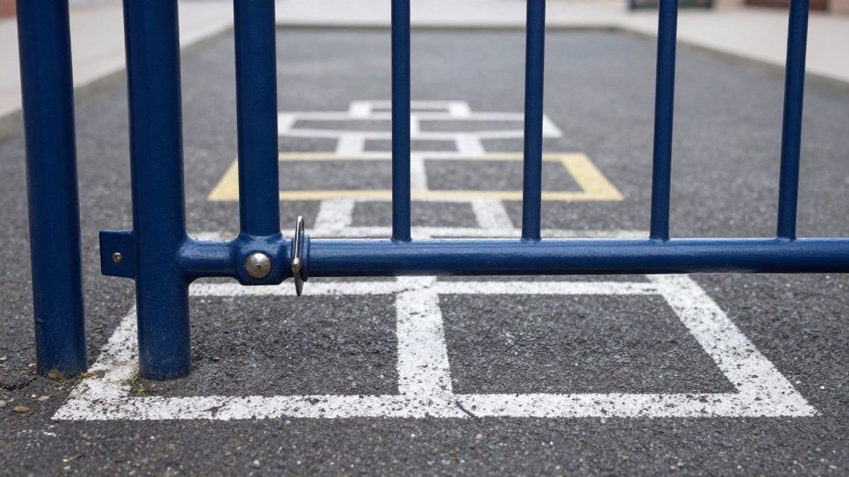Imagen ilustrativa: primer plano de la reja de un patio escolar y un suelo pintado para juegos