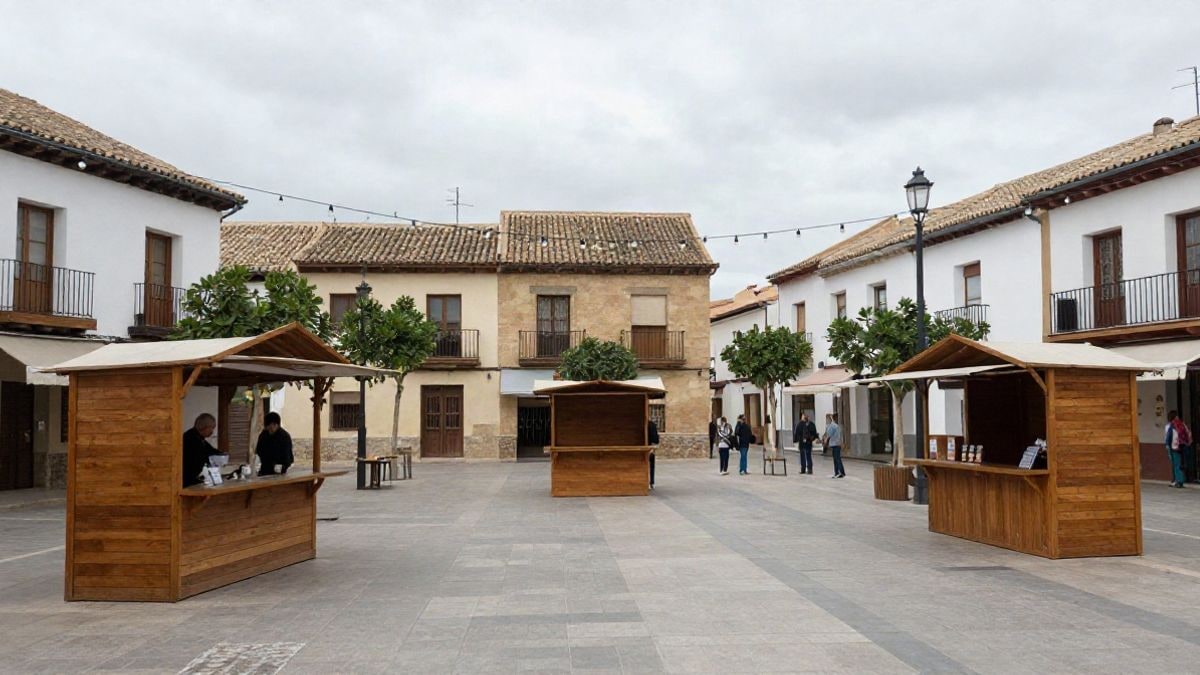 Imagen ilustrativa: plaza de un pueblo español con casetas de madera y luces de feria, ambiente festivo y gente al fondo.