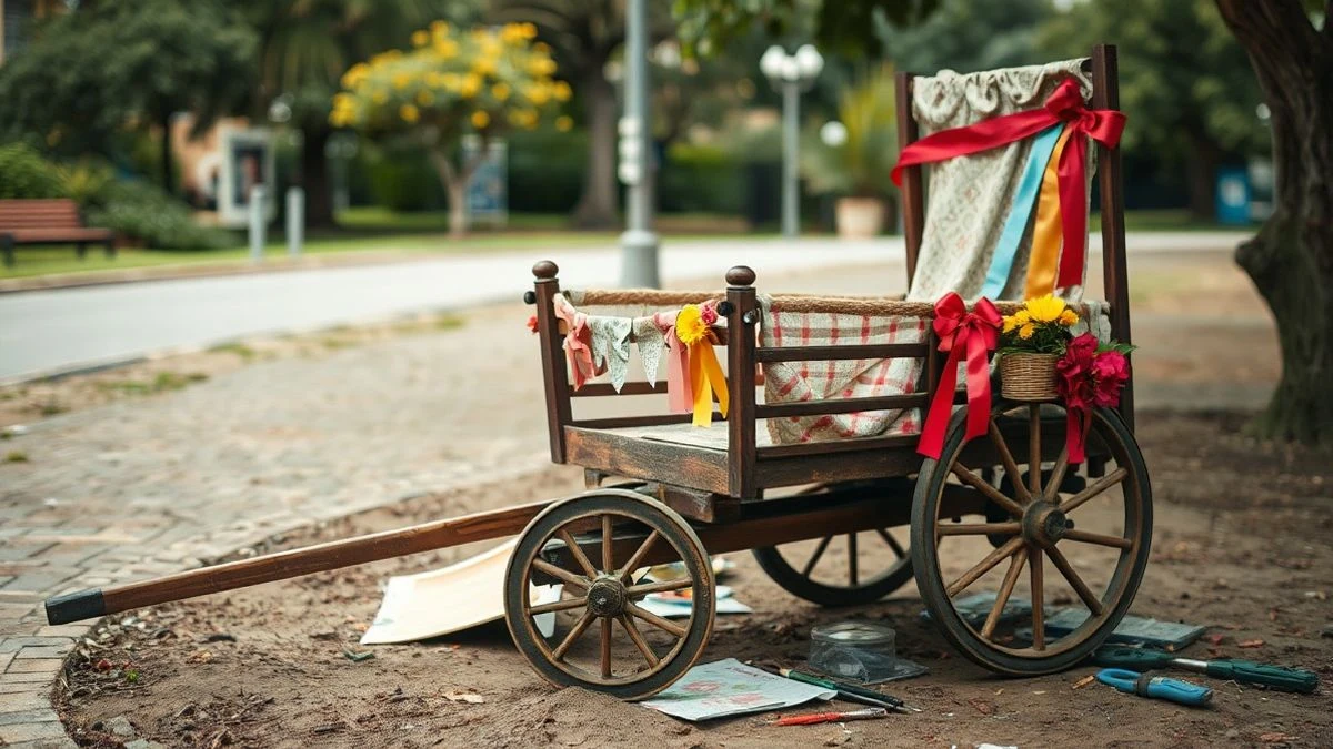 Illustrative image: a cart decorated with flowers and ribbons in a park, with tools around