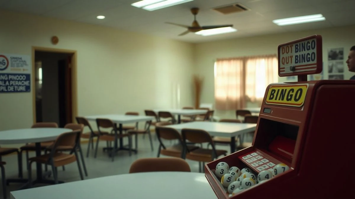 Imagen ilustrativa: mesa de bingo con cartones y bolas numeradas en una sala comunitaria