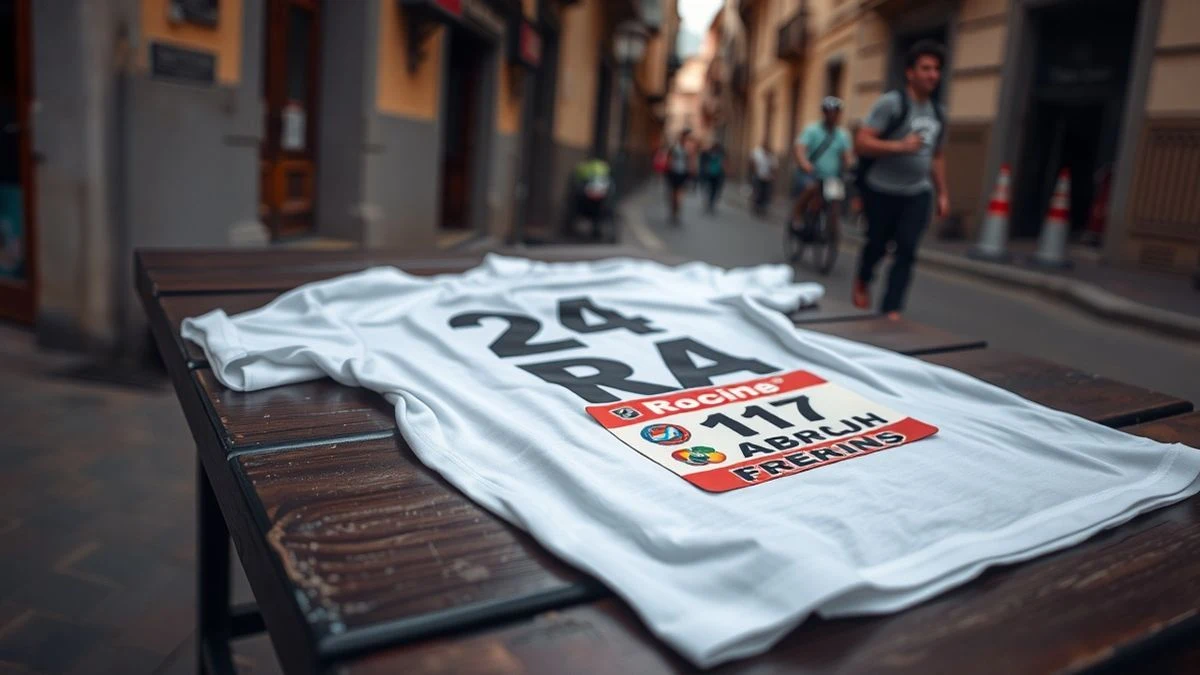 Imagen ilustrativa: una camiseta blanca y un dorsal de carrera sobre una mesa de madera en una plaza