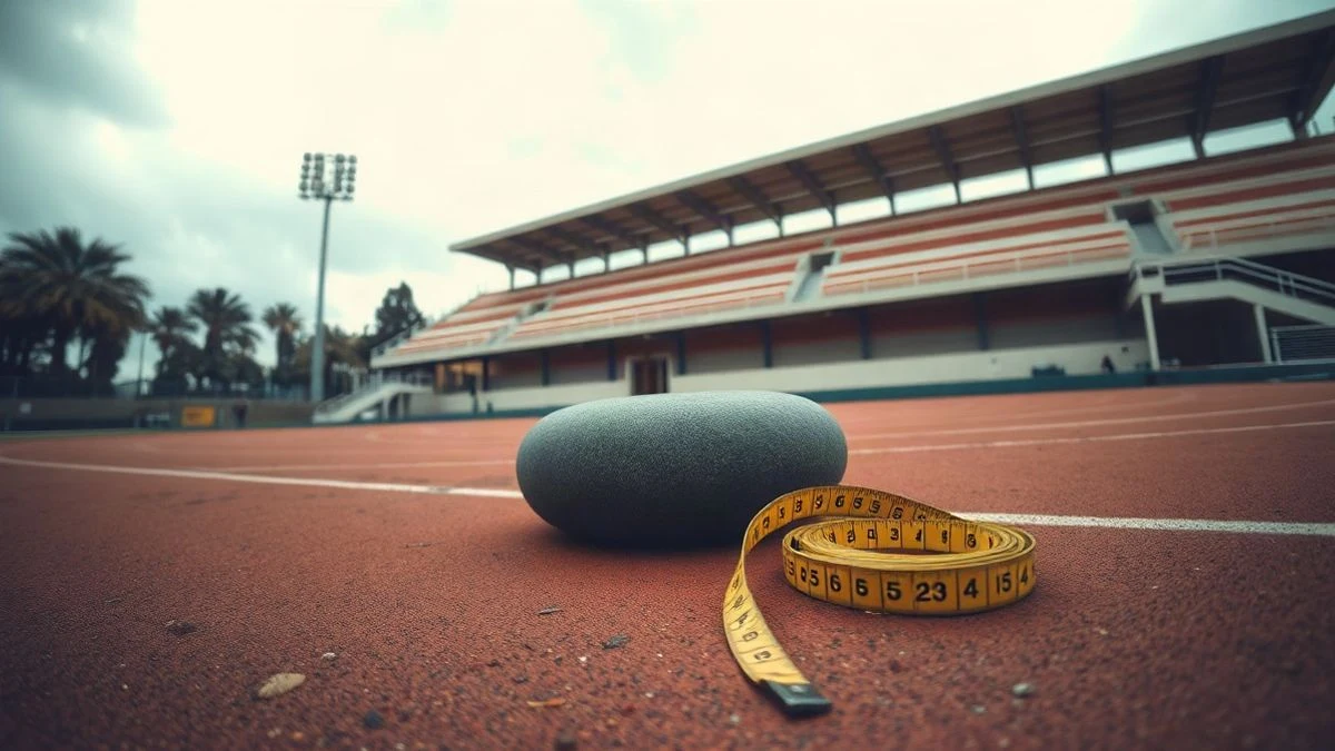 Imagen ilustrativa: una pista de atletismo con una piedra de lanzamiento y una cinta métrica en el suelo, en un día nublado.