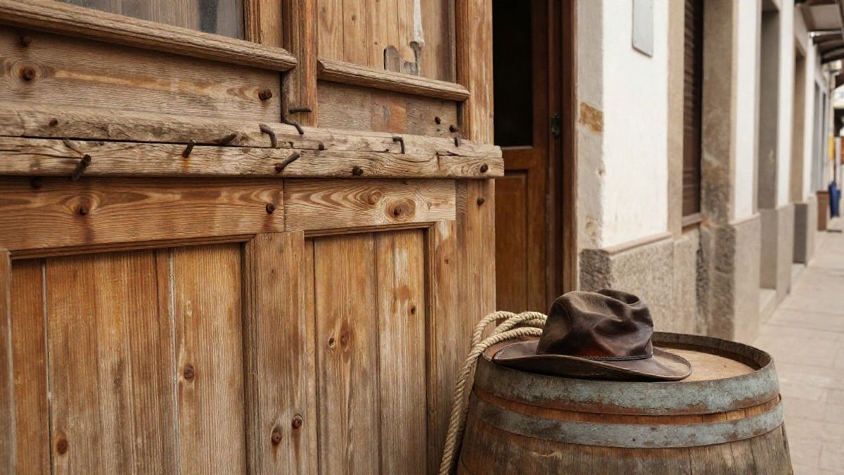 Imagen ilustrativa: detalle de madera envejecida y objetos de atrezo en un decorado genérico de cine del Oeste