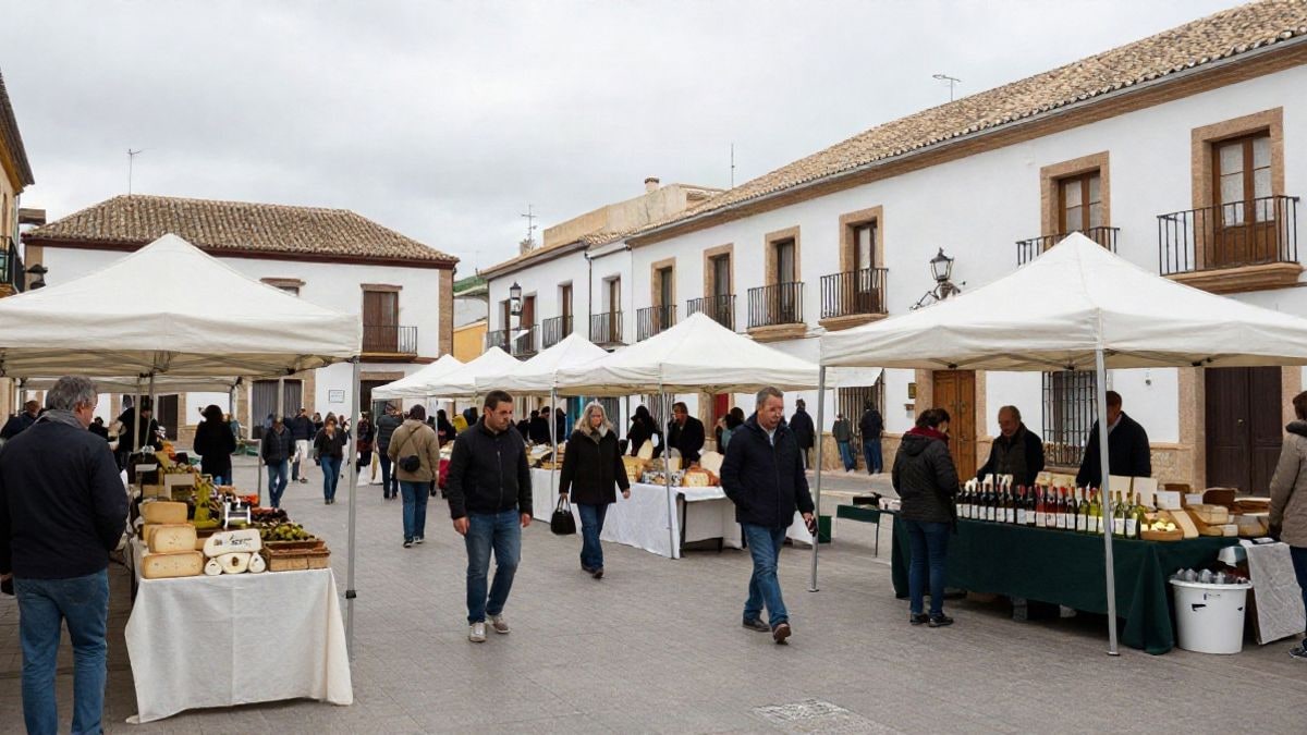 Illustrative image: outdoor market with white stalls and agri-food products in a village square.