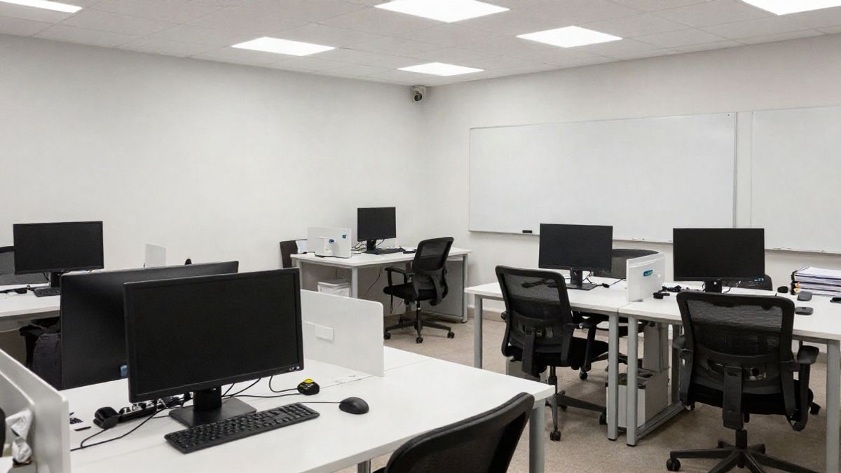 Imagen ilustrativa: una oficina de coworking vacía con mesas y ordenadores, iluminada con luz natural.