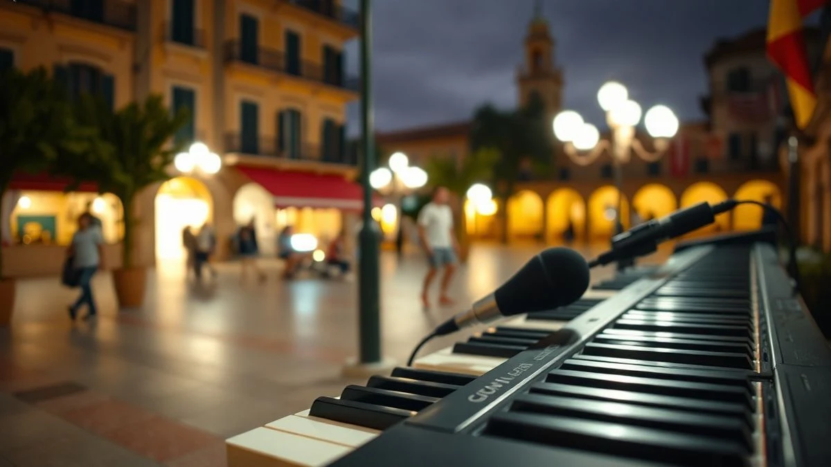 Imagen ilustrativa: un piano y un micrófono en un escenario al aire libre, con luces tenues de fondo.
