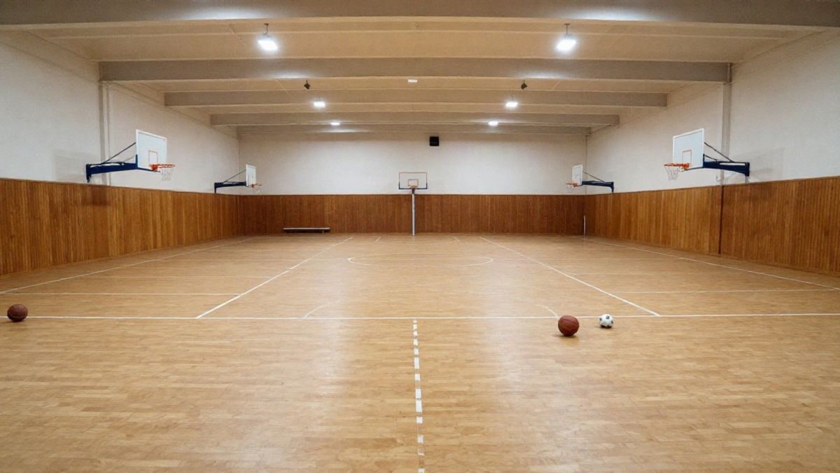 Imagen ilustrativa: pabellón deportivo cubierto vacío con canastas de baloncesto y balones en el suelo