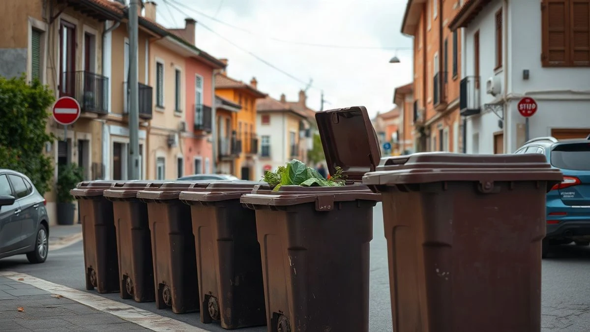 Illustrative image: brown recycling bin on a street in a Spanish municipality, with visible organic waste.