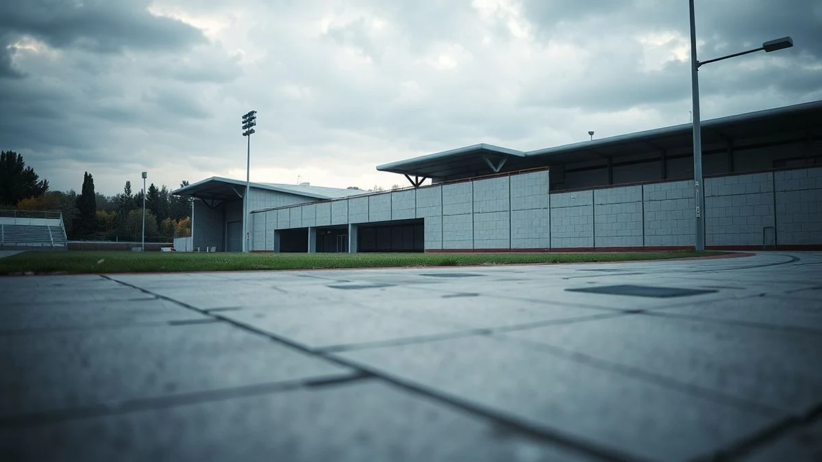 Imagen ilustrativa: instalaciones deportivas modernas con pista de atletismo, tomadas desde un ángulo bajo con cielo nublado de fondo.