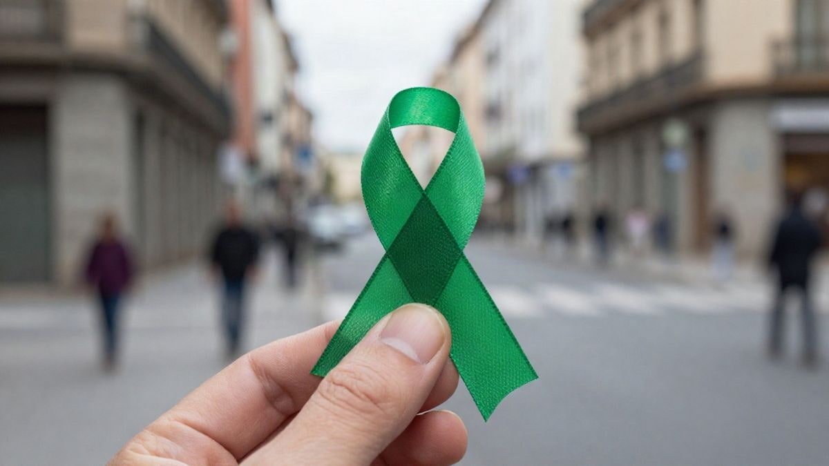 Imagen ilustrativa: primer plano de una mano sosteniendo un lazo verde, símbolo de la salud mental, con fondo desenfocado de una calle.