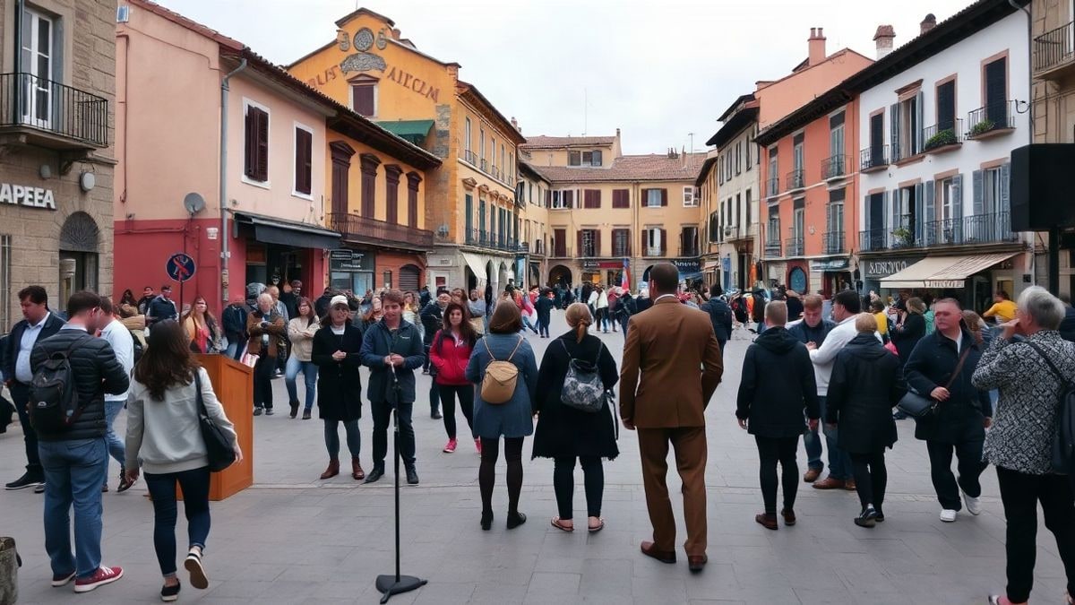 Imagen ilustrativa: una plaza con un grupo de personas de espaldas frente a un escenario con micrófono