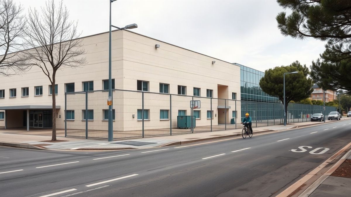 Imagen ilustrativa: exterior de un polideportivo municipal con pistas deportivas al aire libre en un día nublado.