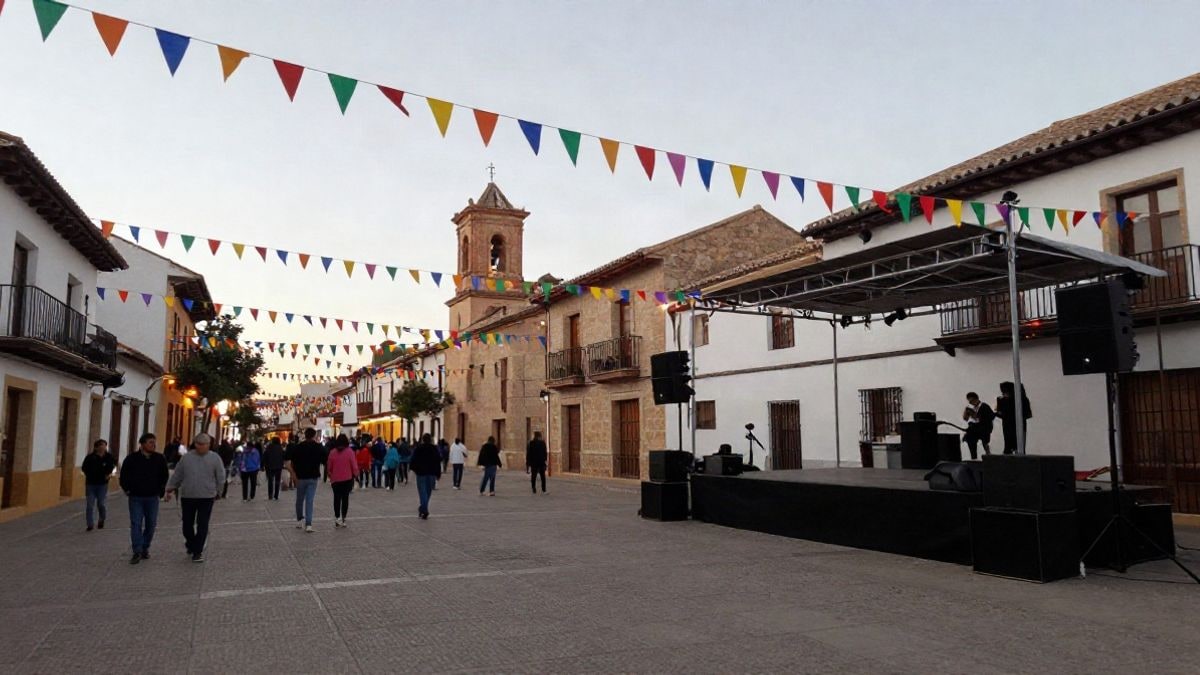 Imagen ilustrativa: calle de un pueblo español engalanada con banderines y luces para unas fiestas patronales, con un escenario al fondo.