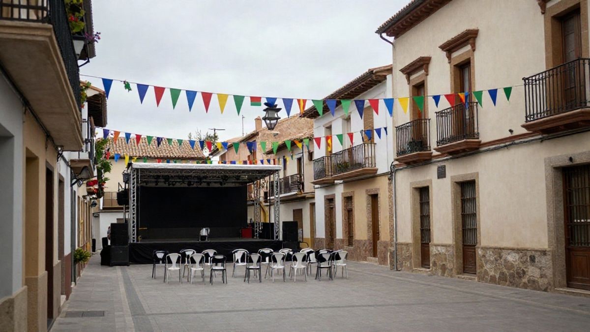 Imagen ilustrativa: calle decorada con guirnaldas y luces en un pueblo español para unas fiestas patronales.