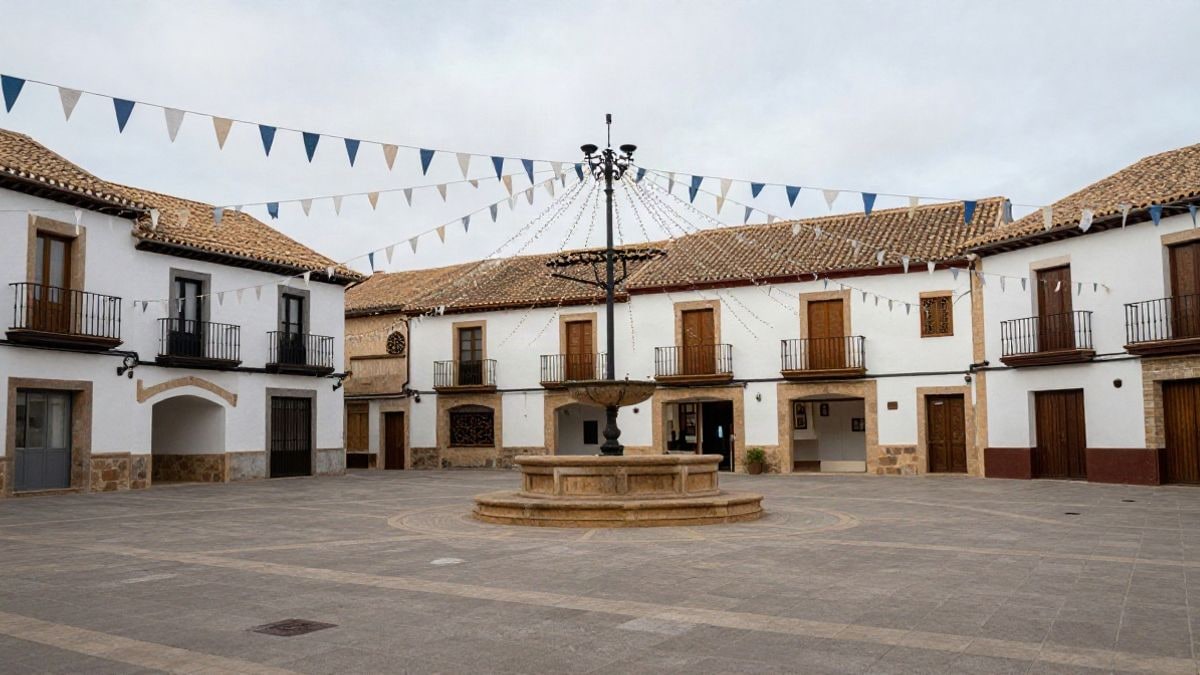Imagen ilustrativa: plaza de un pueblo español engalanada con banderines y casetas de feria vacías, con suelo empedrado.