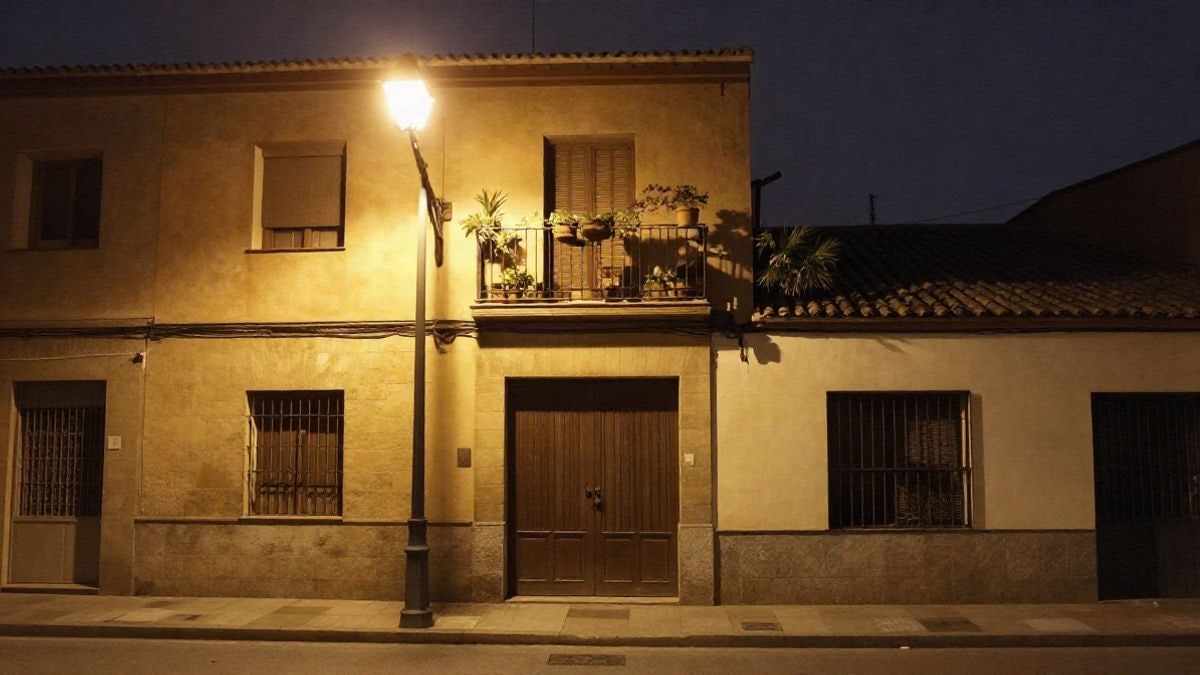 Imagen ilustrativa: fachada de un edificio de viviendas con luz artificial al anochecer