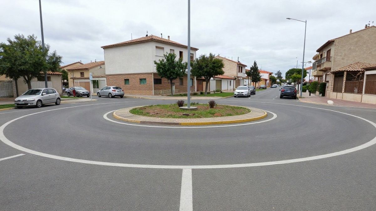 Imagen ilustrativa: rotonda recién construida con señalización vial y un edificio municipal genérico al fondo.