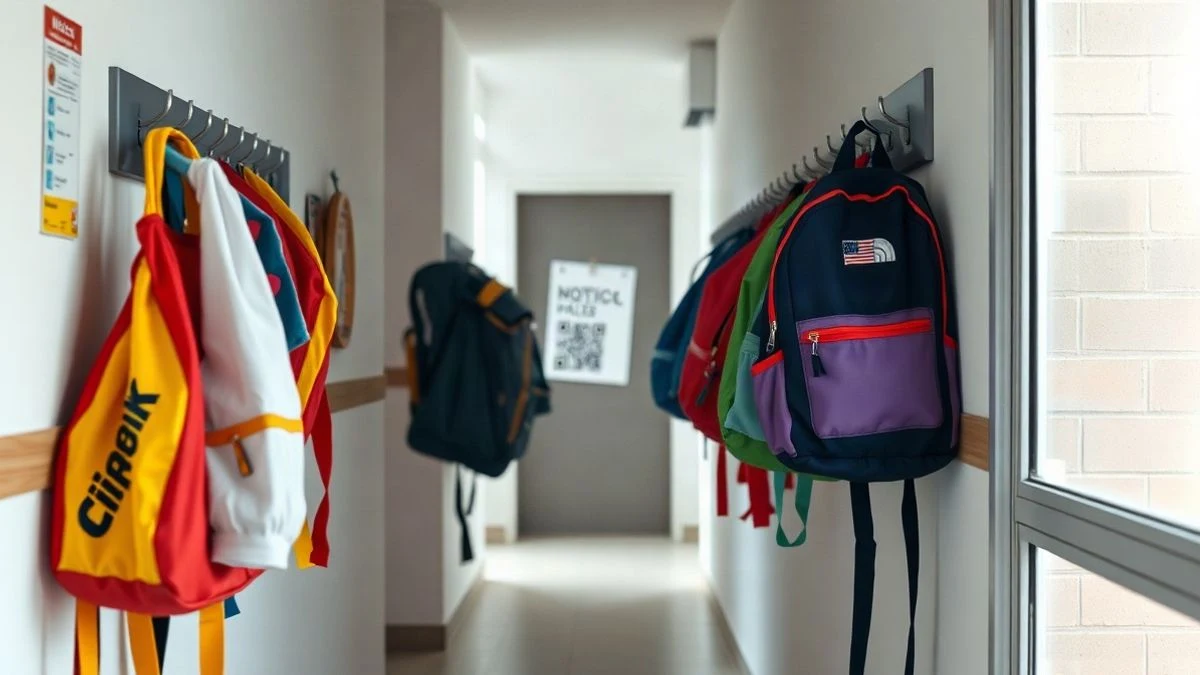 Imagen ilustrativa: pasillo de un colegio con mochilas colgadas y un tablón de anuncios con carteles de actividades extraescolares.
