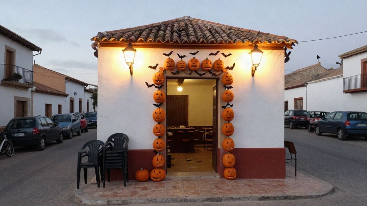 Imagen ilustrativa: entrada de un centro cultural de pueblo decorada con calabazas y murciélagos de papel al anochecer