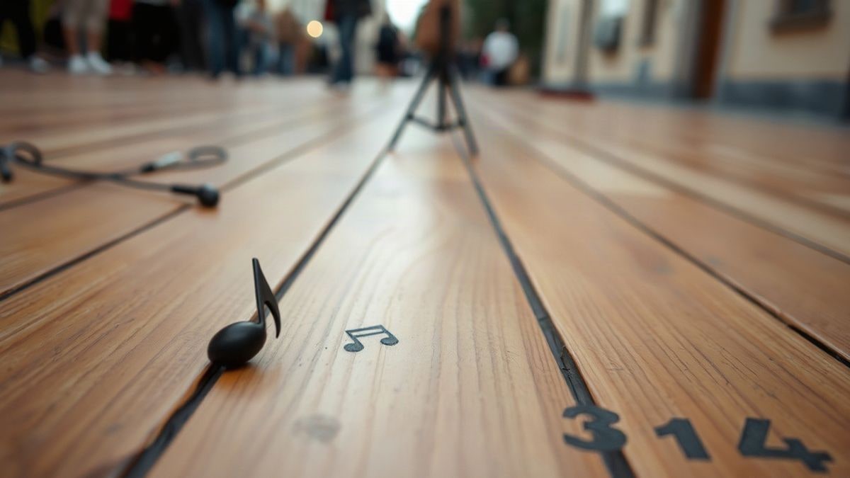 Illustrative image: close-up of a musical note on a wooden stage with a microphone in the background