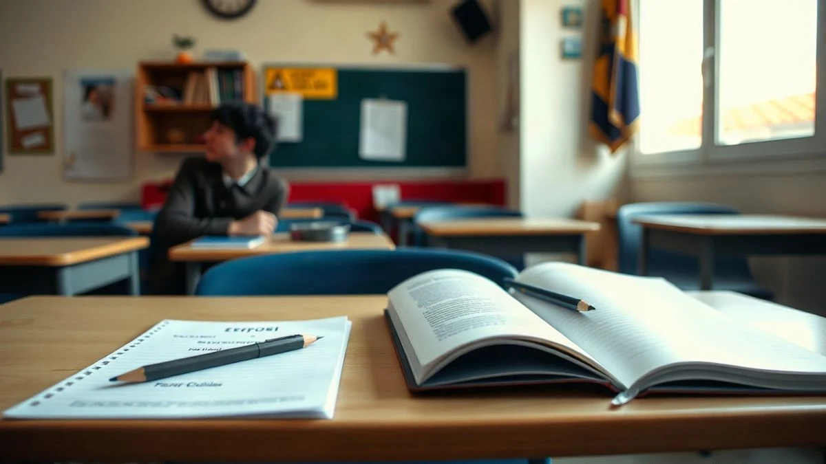 Illustrative image: desk with books and school materials in an empty classroom with a blackboard in the background.