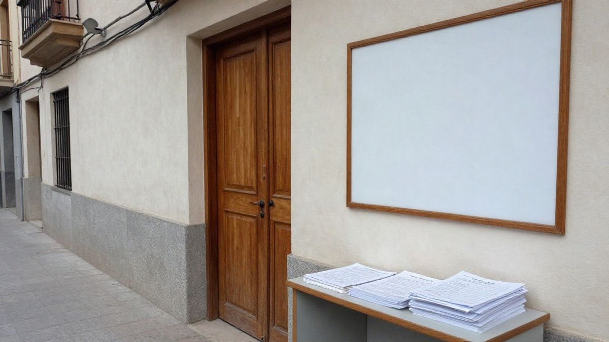 Imagen ilustrativa: pasillo de una oficina municipal con un tablón de anuncios vacío y formularios en una mesa auxiliar