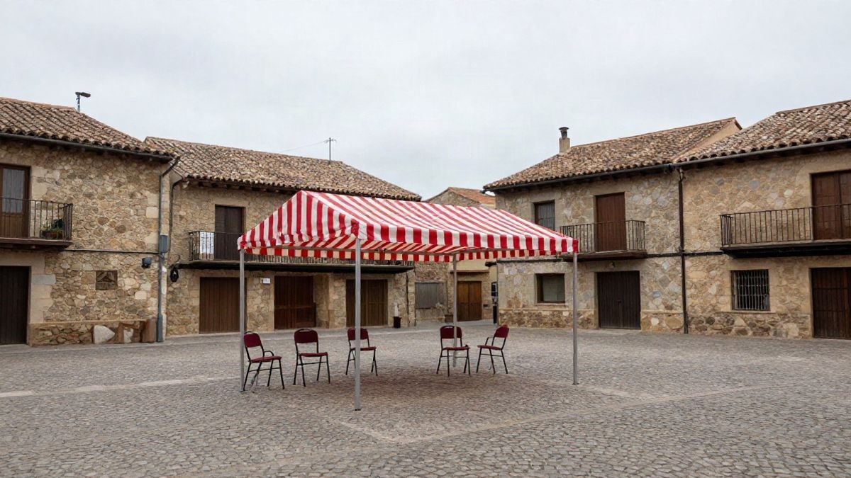 Illustrative image: a circus tent set up in a cobbled square of a Spanish village, with empty chairs and stone buildings in the background.