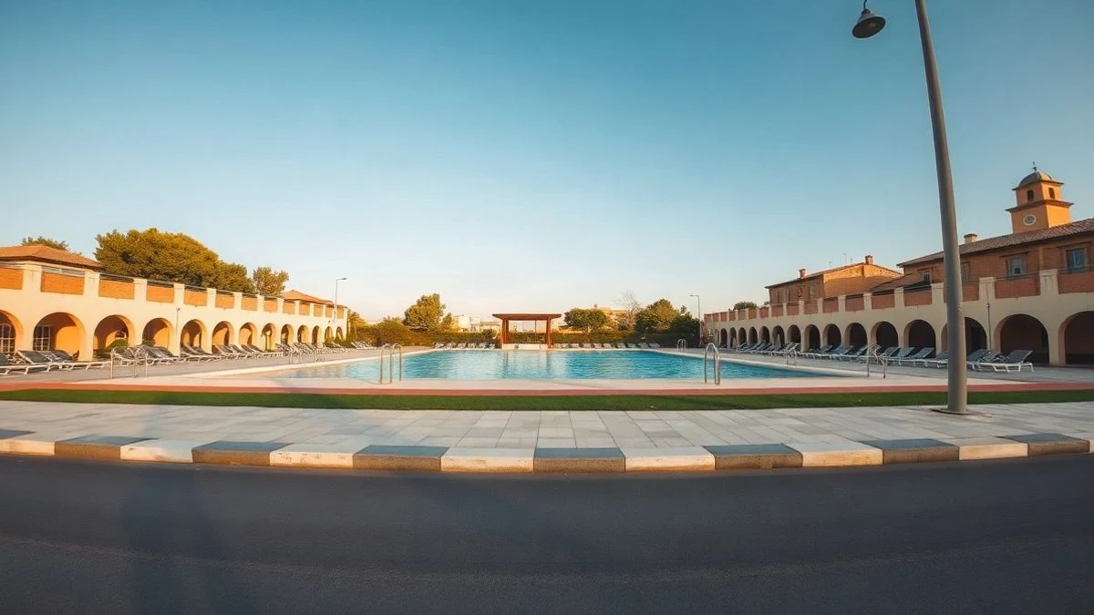 Imagen ilustrativa: vista general de un complejo de piscinas municipales al aire libre con varias piscinas y tumbonas, sin personas visibles.
