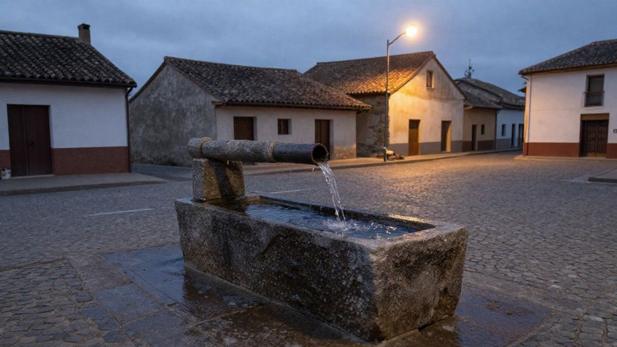 Imagen ilustrativa: pilón de piedra con agua en una plaza de pueblo, iluminado por una farola por la noche