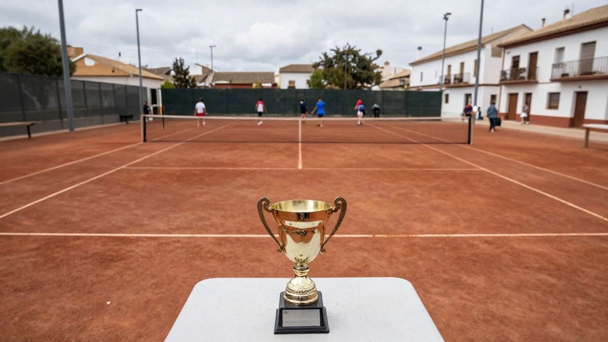 Imagen ilustrativa: pista de tenis con una copa sobre una mesa y jugadores al fondo desenfocados