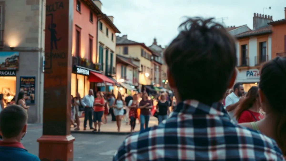 Imagen ilustrativa: calle decorada con banderines durante unas fiestas populares, con un escenario al fondo y gente de espaldas.