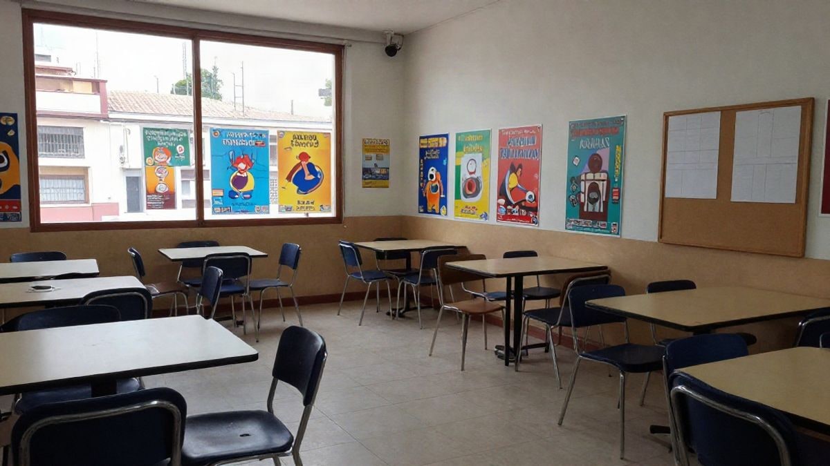 Imagen ilustrativa: sala de un centro juvenil con mesas, sillas y tablón de anuncios