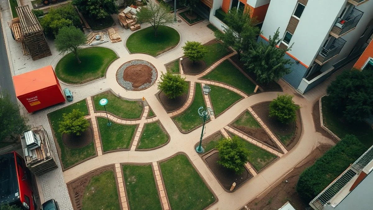 Imagen ilustrativa: vista cenital de un parque urbano en obras, con zonas de césped recién plantado y caminos de tierra.