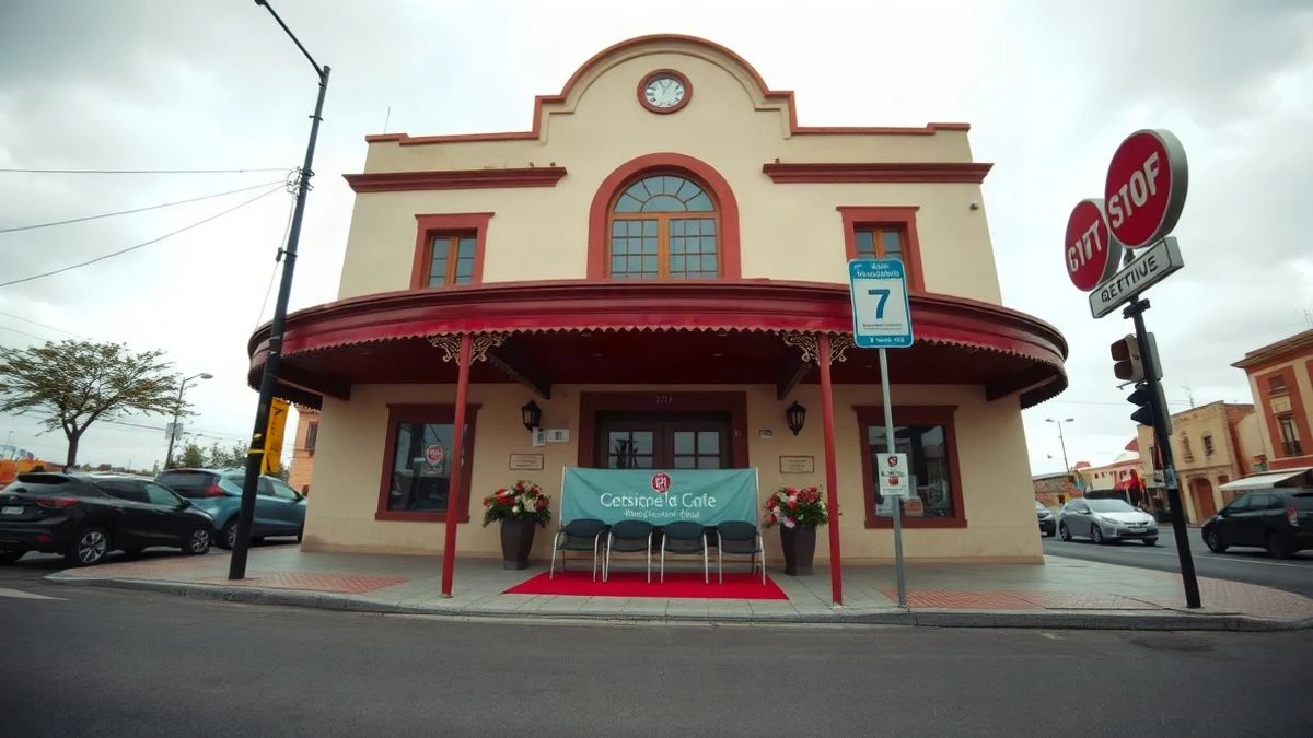 Imagen ilustrativa: fachada de un teatro municipal con alfombra roja y flores, sin texto visible.