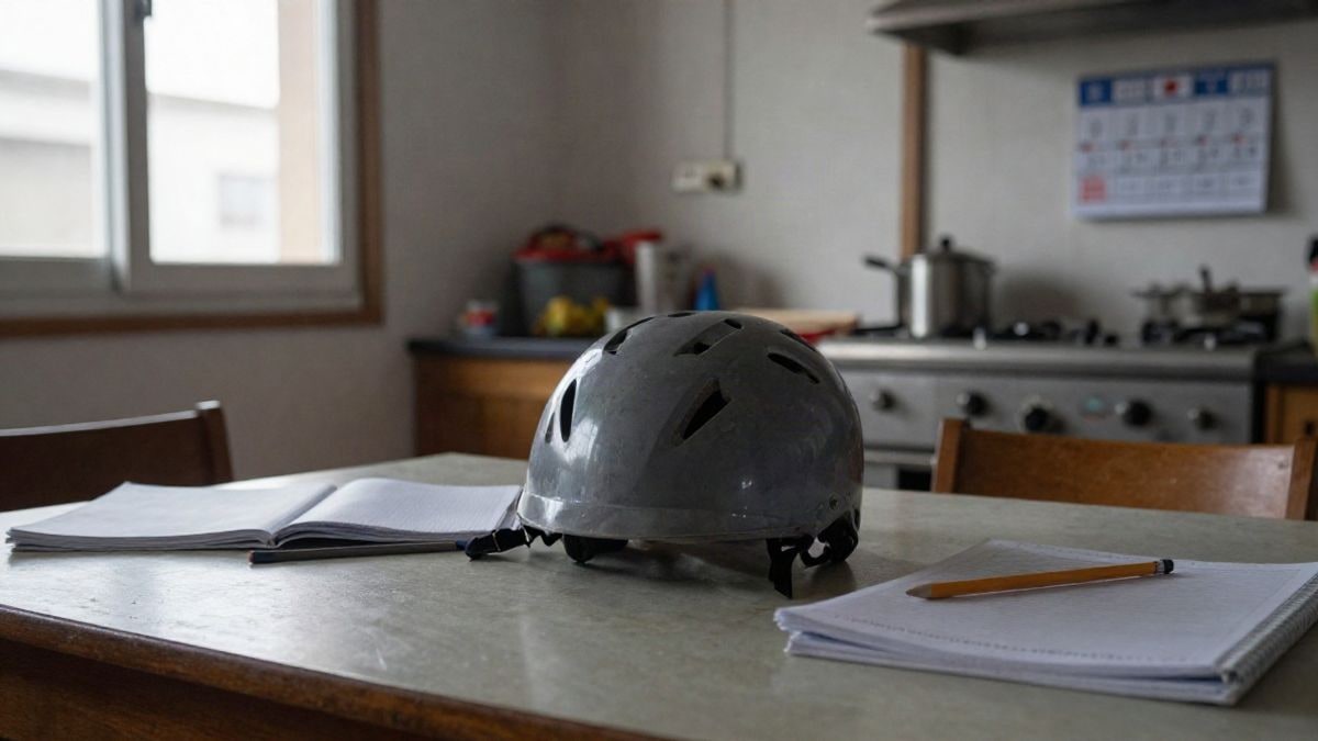Illustrative image: a yellow children's helmet and a reflective harness on a wooden table with school supplies in the background.