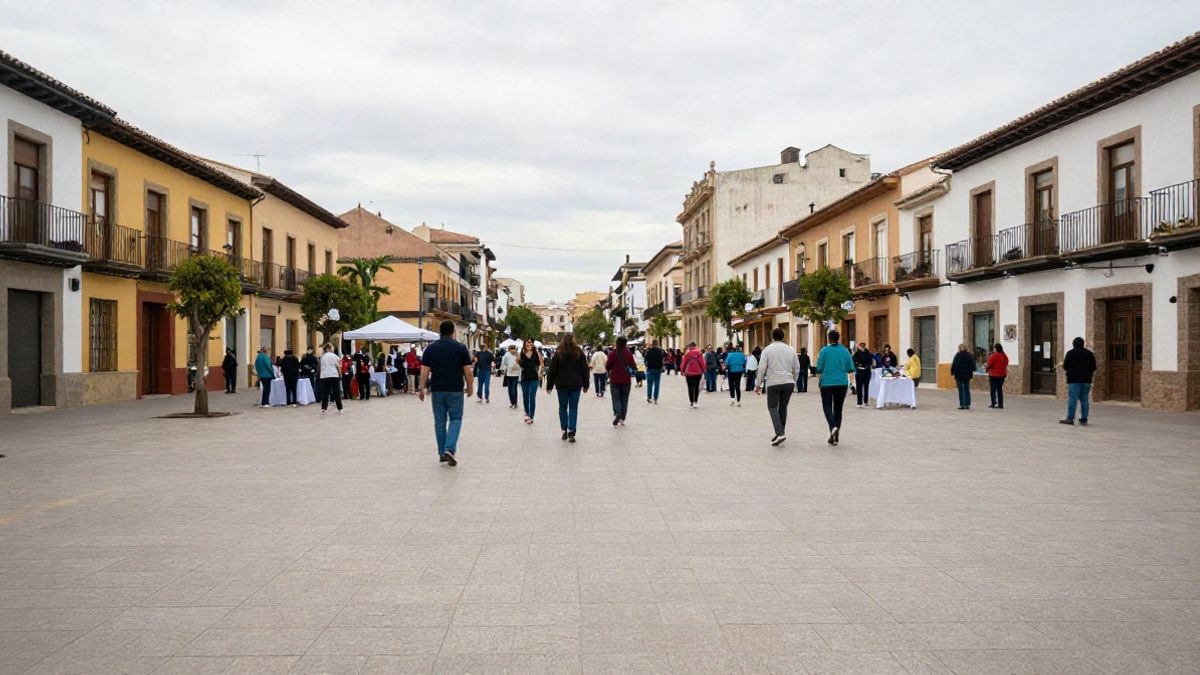 Imagen ilustrativa: una plaza genérica con puestos informativos y personas de espaldas durante una jornada de salud comunitaria