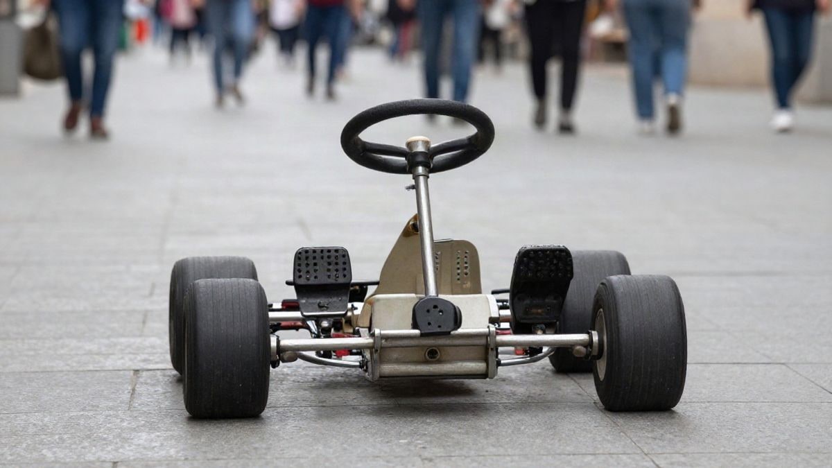Imagen ilustrativa: primer plano de un volante y pedales de kart a pedales sobre una plaza pavimentada
