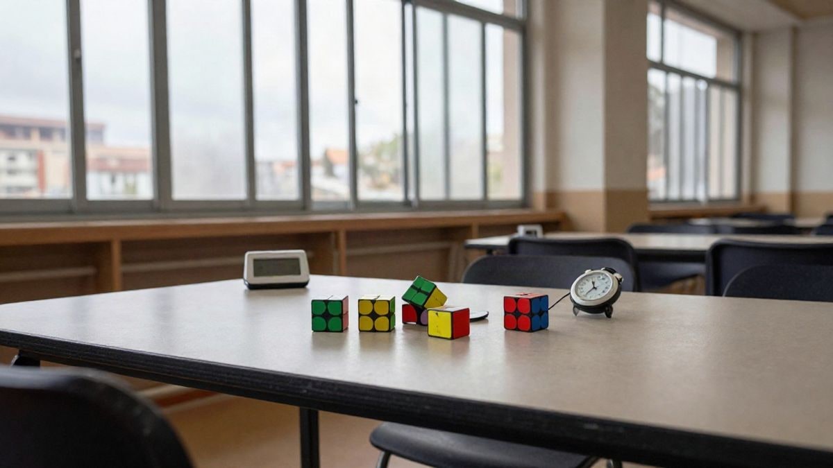 Imagen ilustrativa: cubos de rubik y un cronómetro sobre una mesa en un pabellón deportivo