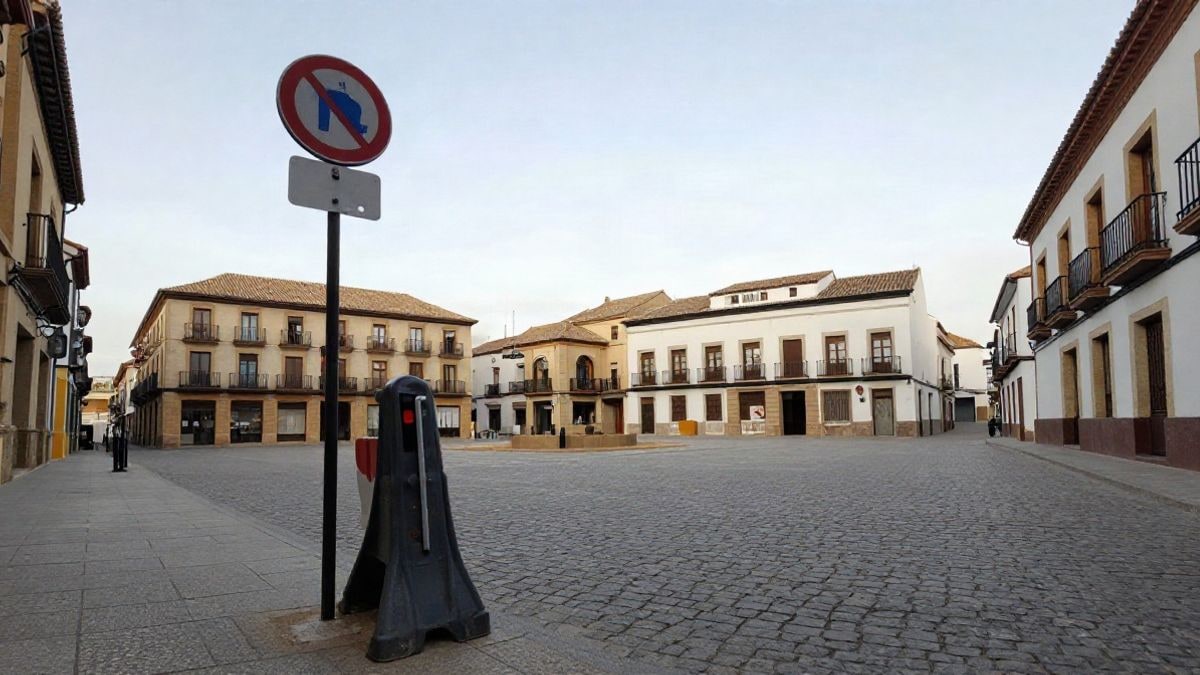 Imagen ilustrativa: una plaza empedrada con barreras de tráfico y un cartel temporal, con edificios de estilo clásico al fondo.
