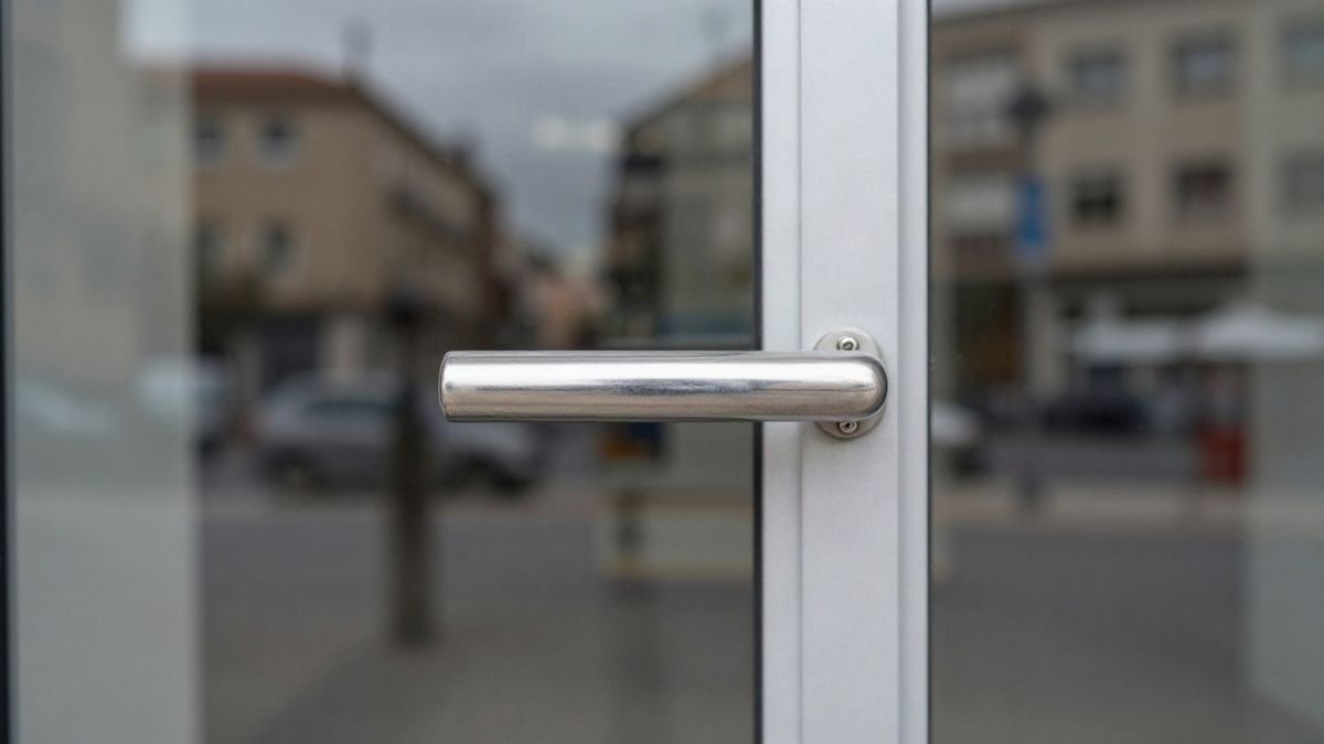 Illustrative image: close-up of a glass door handle at the entrance of a public building
