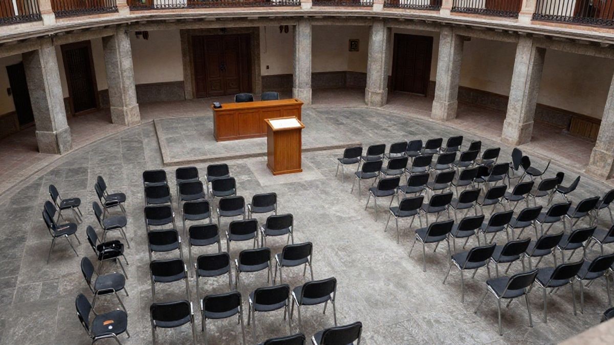 Illustrative image: overhead view of an auditorium with empty chairs and a lectern