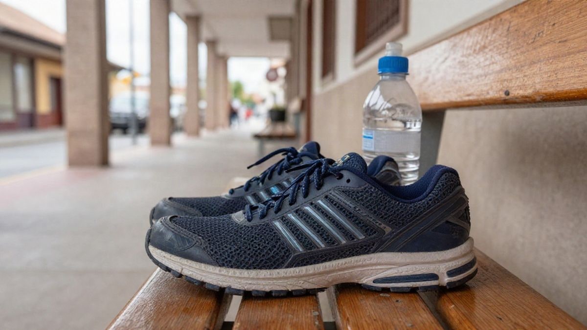 Imagen ilustrativa: zapatillas deportivas y botella de agua sobre un banco en un pasillo de centro cívico