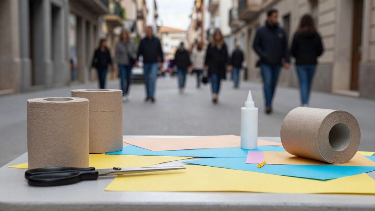 Imagen ilustrativa: materiales de manualidades con rollos de cartón y papeles de colores sobre una mesa