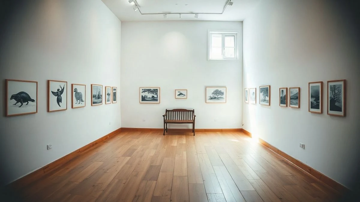 Imagen ilustrativa: sala de exposiciones con obras de tinta y acuarela colgadas en la pared