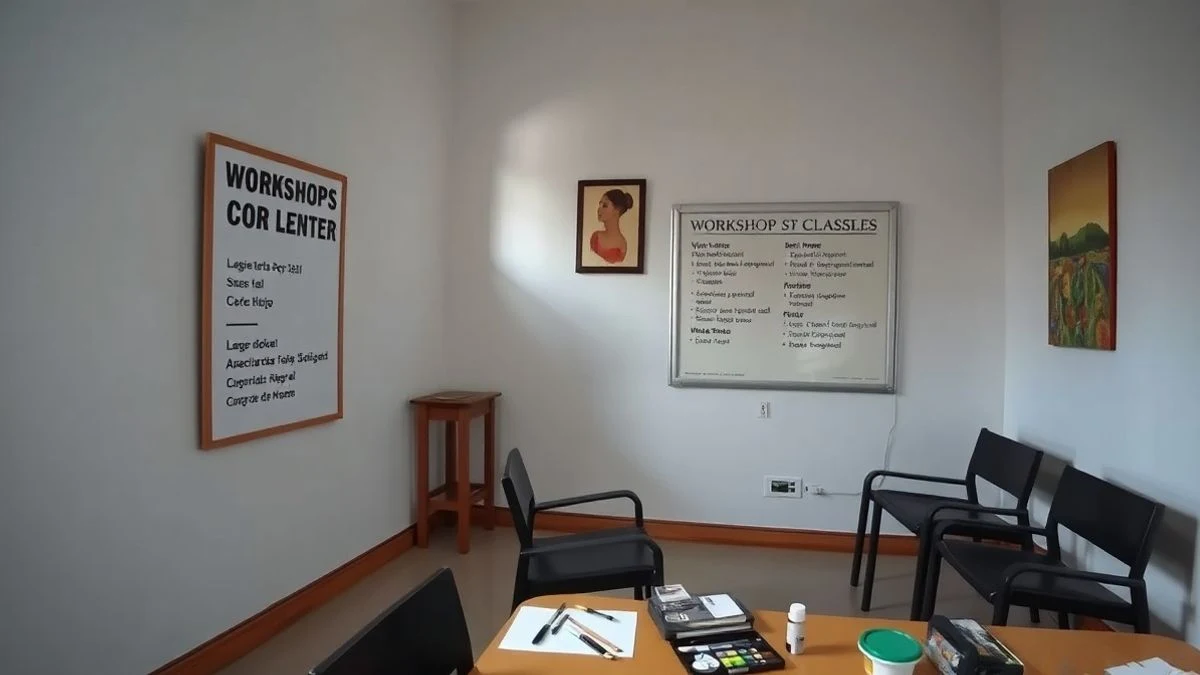 Imagen ilustrativa: sala de un centro cultural con sillas y material de manualidades sobre una mesa.