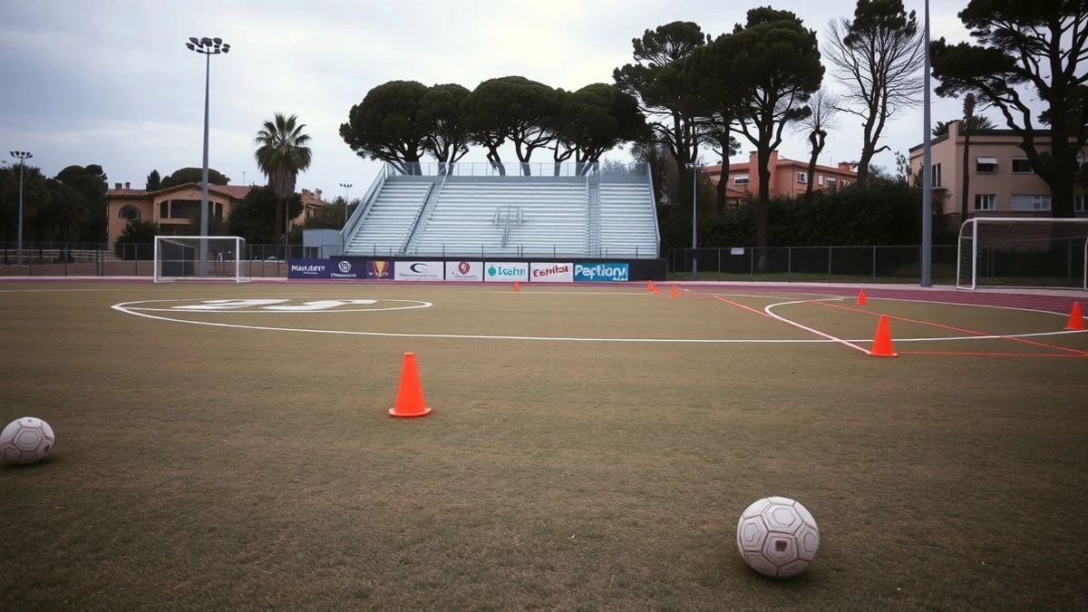 Imagen ilustrativa: campo de fútbol municipal vacío con porterías y una pelota sobre el césped.