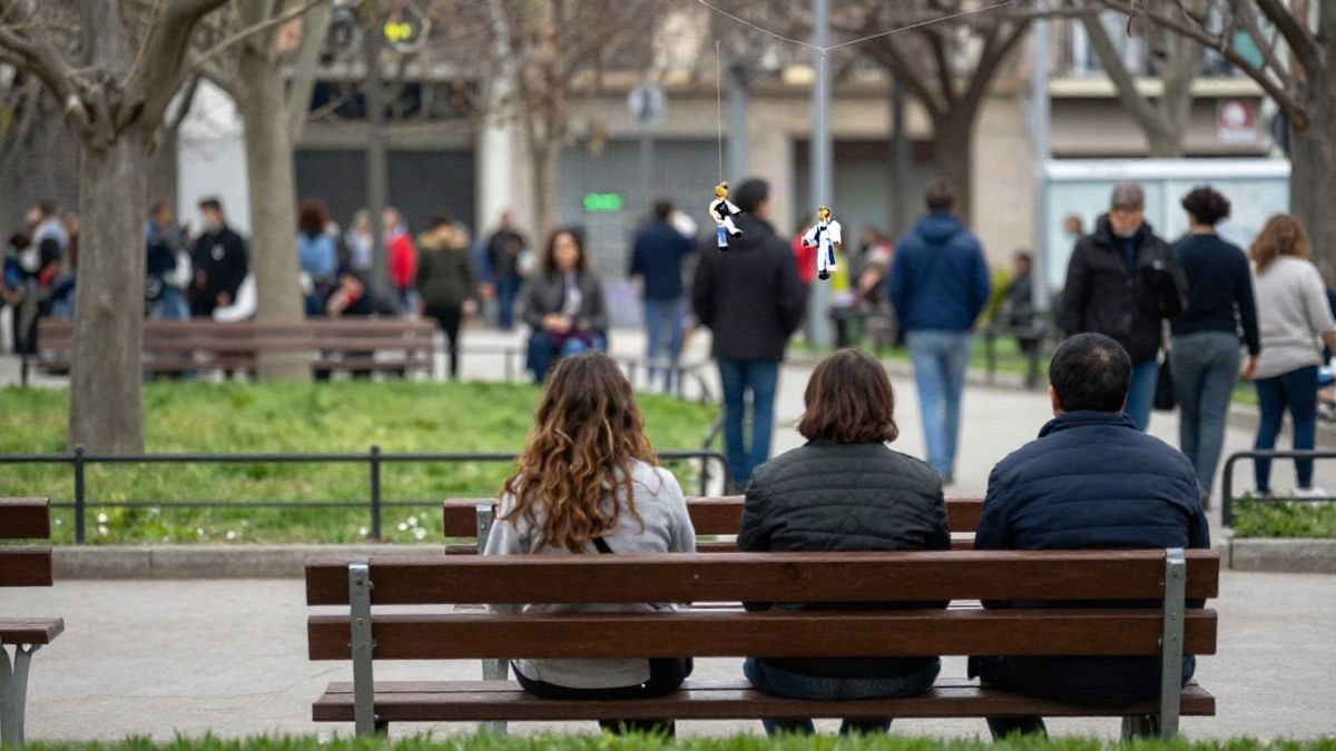 Imagen ilustrativa: un pequeño escenario de títeres al aire libre en un parque, con bancos vacíos y un títere colgado.