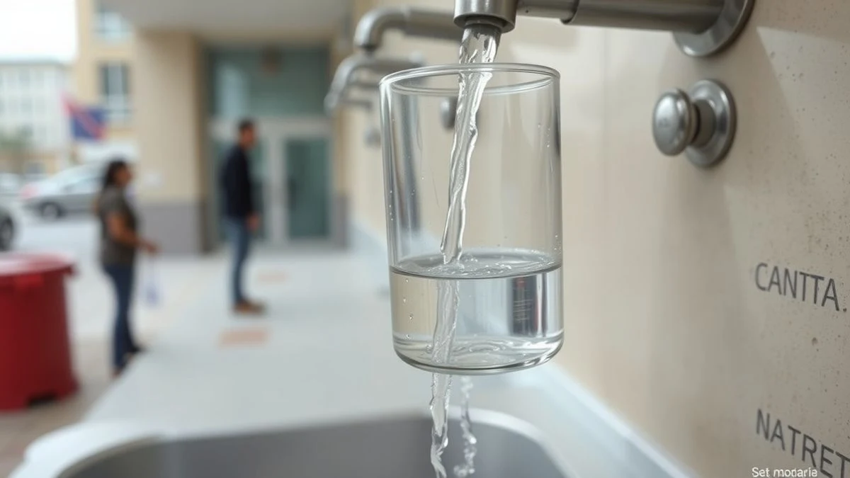 Imagen ilustrativa: un grifo de agua corriente en un edificio municipal, con un vaso llenándose, sin personas reconocibles.